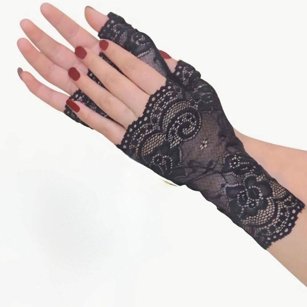 📷🔹️NWOT Black Floral Lace Short Fingerless Tea Gloves